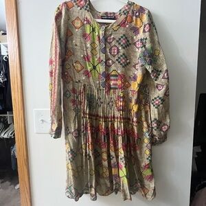 HEMANT & NANDITA Green and Pink Bishop Sleeve Midi Sundress